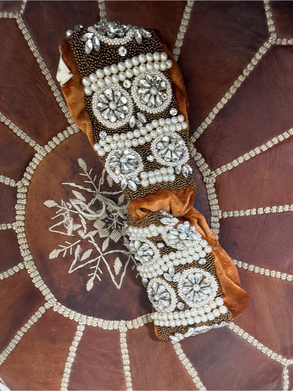 Anthropologie Velvet Headband with Pearls & Crystals - Rust Brown